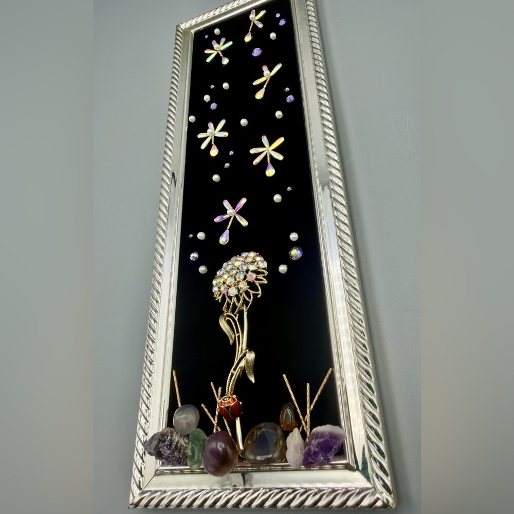 Handmade Vintage Dandelion Jewelry Art Rhinestone Flower Crystals Ladybug - Picture 7 of 7